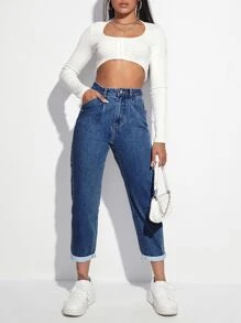 SHEIN EZwear High Waisted Mom Fit Jeans - Medium Wash - View 6