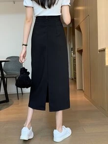 Solid Slit Back Straight Skirt
