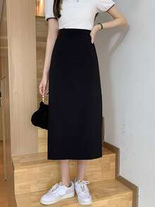 Solid Slit Back Straight Skirt
