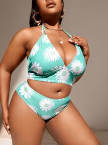 Plus Size Floral Halter Bikini Set Summer Beach - Multicolor - View 4
