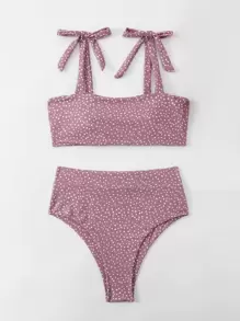 Polka Dot Knot Shoulder Bikini, For Summer Beach Vacation - Rusty Rose - View 1