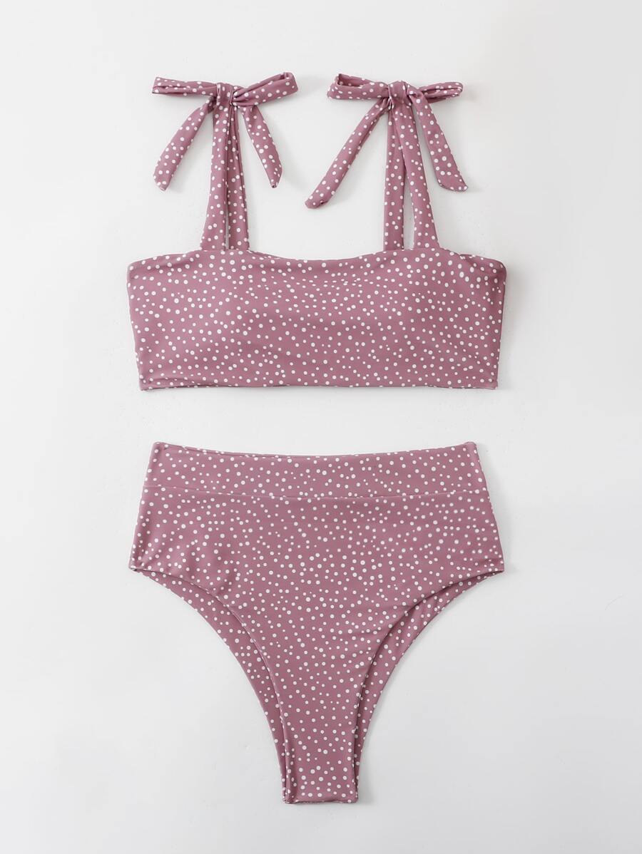 Polka Dot Knot Shoulder Bikini, For Summer Beach Vacation - Rusty Rose - View 1