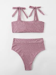 Polka Dot Knot Shoulder Bikini, For Summer Beach Vacation - Rusty Rose - View 2