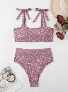 Polka Dot Knot Shoulder Bikini, For Summer Beach Vacation - Rusty Rose - View 3