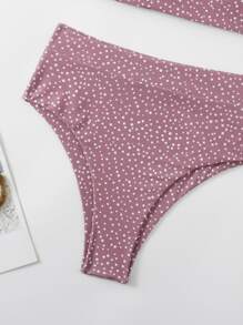 Polka Dot Knot Shoulder Bikini, For Summer Beach Vacation - Rusty Rose - View 4