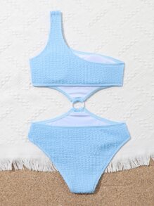 Tween Girl Textured Ring Linked One Shoulder One Piece Swimsuit