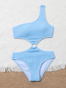 Tween Girl Textured Ring Linked One Shoulder One Piece Swimsuit