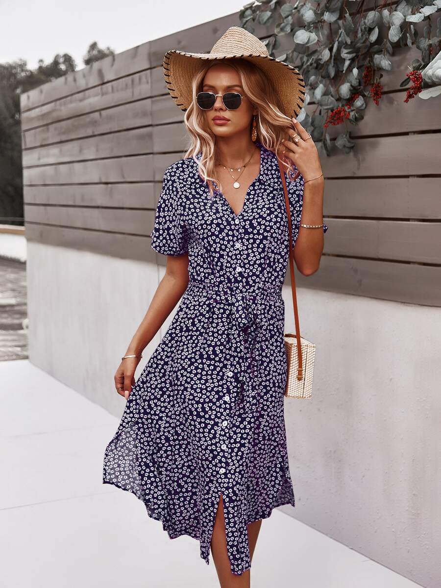 SHEIN VCAY Vestido floral con cordón delantero con botón - Multicolor - Ver 1