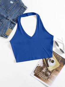 SHEIN EZwear Rib-Knit Crop Halter Top - Blue - View 1
