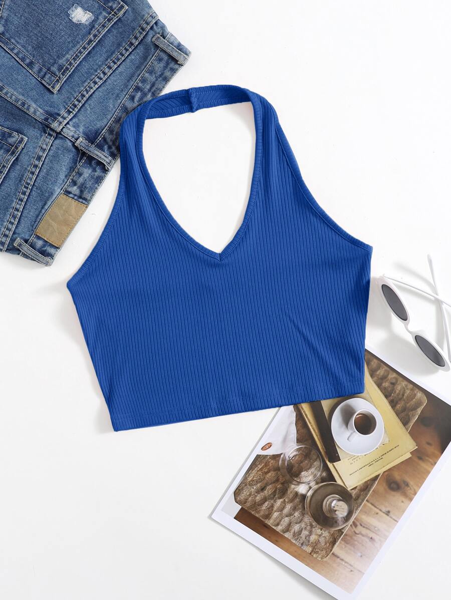 SHEIN EZwear Rib-Knit Crop Halter Top - Blue - View 1