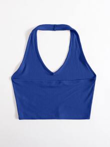 SHEIN EZwear Rib-Knit Crop Halter Top - Blue - View 2