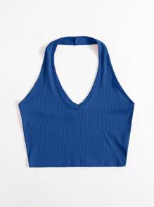 SHEIN EZwear Rib-Knit Crop Halter Top - Blue - View 3
