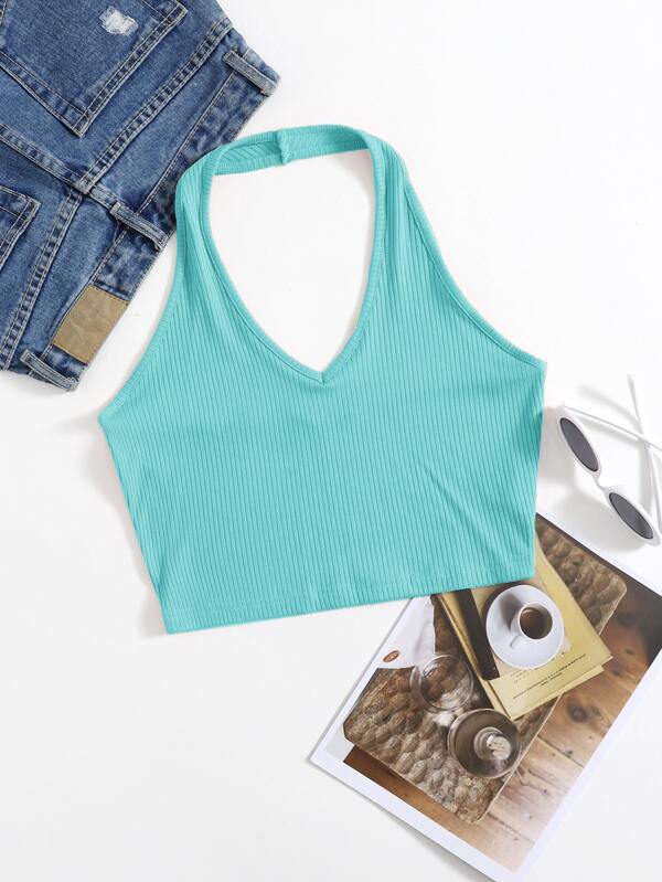SHEIN EZwear Rib-Knit Crop Halter Top