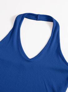 SHEIN EZwear Rib-Knit Crop Halter Top - Blue - View 6