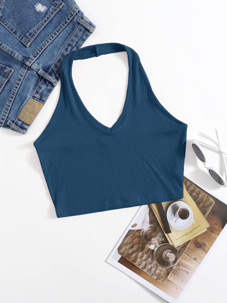 SHEIN EZwear Rib-Knit Crop Halter Top - Navy Blue - View 1