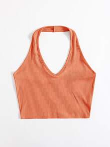 Muchica Rib-Knit Crop Halter Top - Coral Orange - View 3