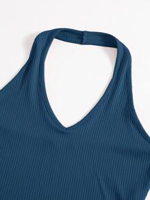 SHEIN EZwear Rib-Knit Crop Halter Top - Navy Blue - View 3