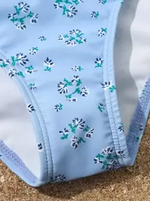 Tween Girl Ditsy Floral Bikini Set & Beach Skirt Summer Beach - Blue - View 3