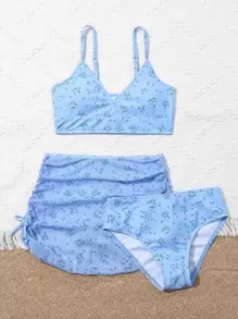 Tween Girl Ditsy Floral Bikini Set & Beach Skirt Summer Beach - Blue - View 4