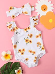 Baby Girl Sunflower Print Ruffle Trim One Piece Swimsuit With Headband - White - View 1