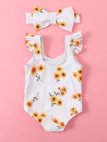 Baby Girl Sunflower Print Ruffle Trim One Piece Swimsuit With Headband - White - View 2