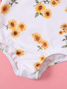 Baby Girl Sunflower Print Ruffle Trim One Piece Swimsuit With Headband - White - View 3