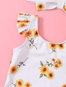 Baby Girl Sunflower Print Ruffle Trim One Piece Swimsuit With Headband - White - View 4