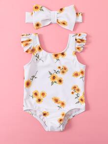 Baby Girl Sunflower Print Ruffle Trim One Piece Swimsuit With Headband - White - View 5