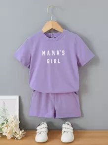 SHEIN Ragazzine 2 pezzi/set casual con stampa lettera maniche corte con collo rotondo Maglietta e Shorts Suit per l'estate - Lilla Viola - Visualizzare 1