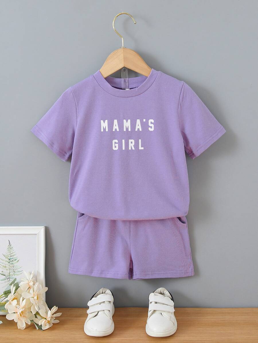 SHEIN Ragazzine 2 pezzi/set casual con stampa lettera maniche corte con collo rotondo Maglietta e Shorts Suit per l'estate - Lilla Viola - Visualizzare 1