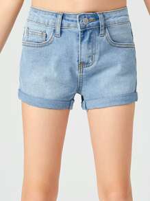 SHEIN 女孩卷邊牛仔短褲 - 淺色水洗藍 - 查看 1