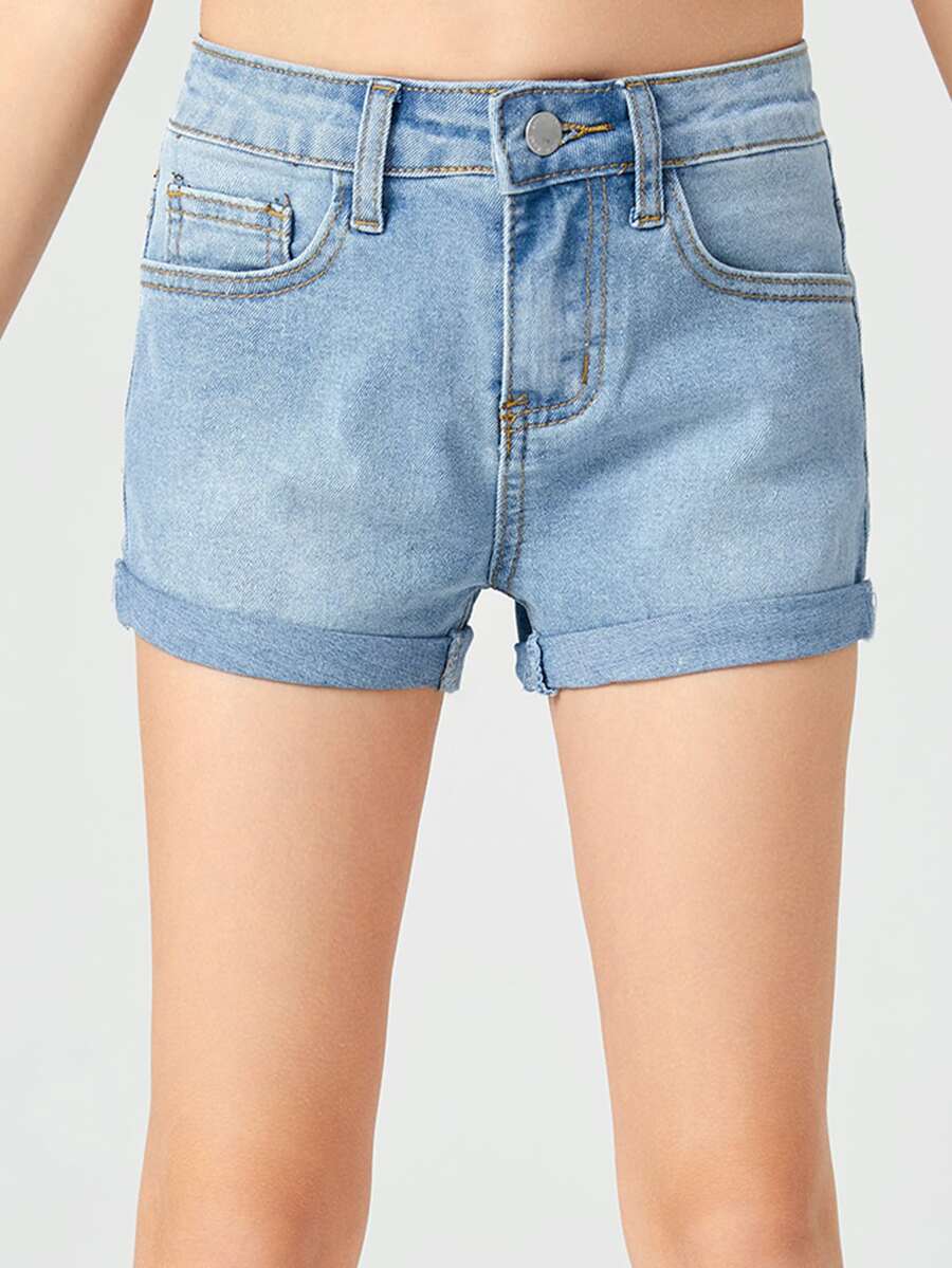 SHEIN 女孩卷邊牛仔短褲 - 淺色水洗藍 - 查看 1