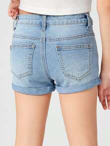 SHEIN 女孩卷邊牛仔短褲 - 淺色水洗藍 - 查看 2