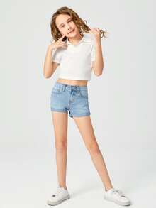 SHEIN 女孩卷邊牛仔短褲 - 淺色水洗藍 - 查看 3