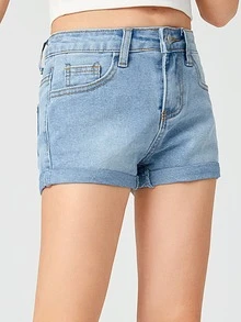 SHEIN 女孩卷邊牛仔短褲 - 淺色水洗藍 - 查看 4