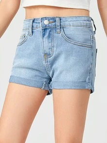 SHEIN 女孩卷邊牛仔短褲 - 淺色水洗藍 - 查看 5