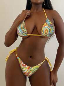 SHEIN Slayr Summer Beach Fluid Pattern Bikini Set Halter Micro Triangle Bra Top & Tie Side Bikini Bottom 2 Piece Bathing Suit - Yellow - View 3