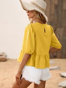 SHEIN LUNE Blusa peplum con textura de manga farol - Mostaza Amarilla - Ver 2