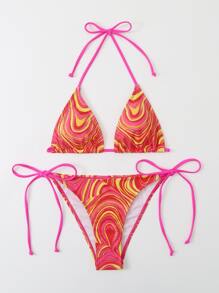 BamGleam Summer Beach Fluid Pattern Bikini Set Halter Micro Triangle Bra Top & Tie Side Bikini Bottom 2 Piece Bathing Suit - Pink - View 4