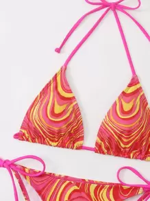 BamGleam Summer Beach Fluid Pattern Bikini Set Halter Micro Triangle Bra Top & Tie Side Bikini Bottom 2 Piece Bathing Suit - Pink - View 5