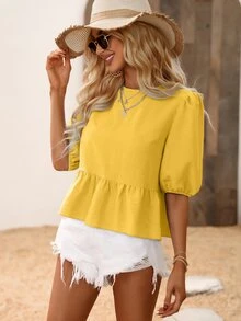SHEIN LUNE Blusa peplum con textura de manga farol - Mostaza Amarilla - Ver 3