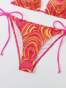 BamGleam Summer Beach Fluid Pattern Bikini Set Halter Micro Triangle Bra Top & Tie Side Bikini Bottom 2 Piece Bathing Suit - Pink - View 6