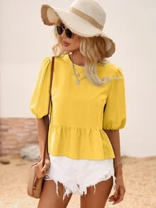 SHEIN LUNE Blusa peplum con textura de manga farol - Mostaza Amarilla - Ver 4