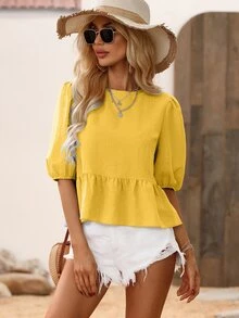 SHEIN LUNE Blusa peplum con textura de manga farol - Mostaza Amarilla - Ver 5