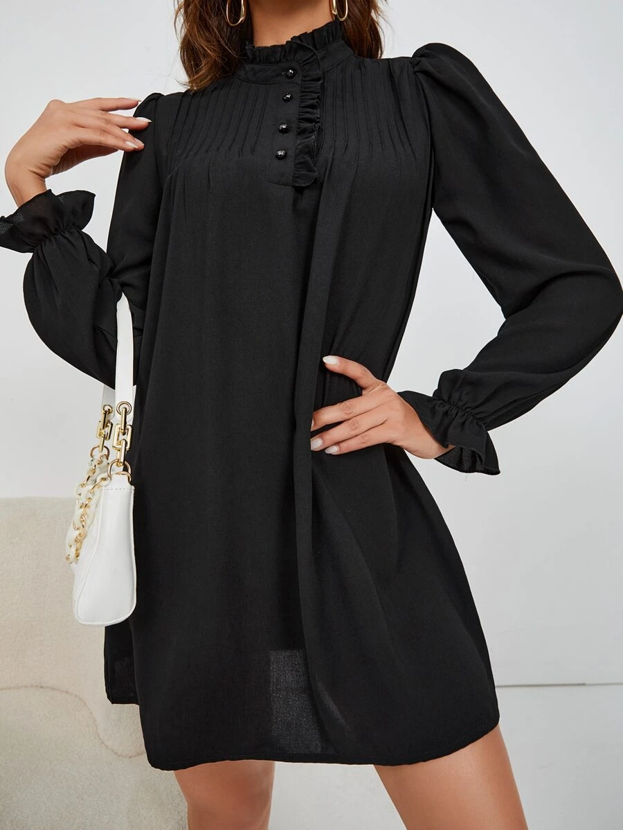 SHEIN Frenchy Đầm viền lá sen Xếp li Xù Nút phía trước màu trơn Thanh lịch - màu đen - Xem 1