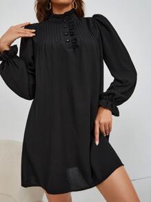 SHEIN Frenchy Đầm viền lá sen Xếp li Xù Nút phía trước màu trơn Thanh lịch - màu đen - Xem 3