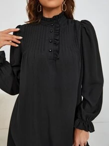 SHEIN Frenchy Đầm viền lá sen Xếp li Xù Nút phía trước màu trơn Thanh lịch - màu đen - Xem 4