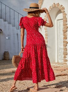波西米亞荷葉邊圓點女士連衣裙 - 紅色 - 查看 2