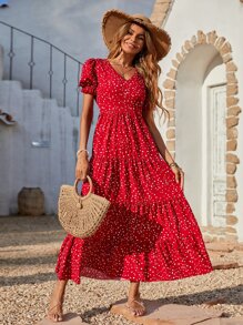 波西米亞荷葉邊圓點女士連衣裙 - 紅色 - 查看 4