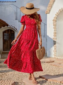 波西米亞荷葉邊圓點女士連衣裙 - 紅色 - 查看 6